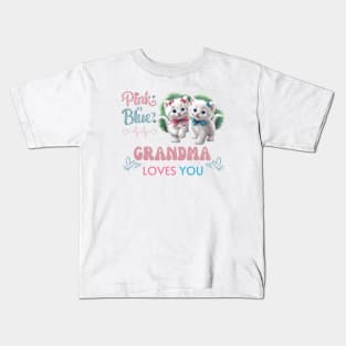 Cute Pink Or Blue Grandma Loves You Pink and Blue Coquette Kittens with Bows and Ribbons Baby Gender Reveal Baby Shower Mother's Day Cat Grandma Kids T-Shirt